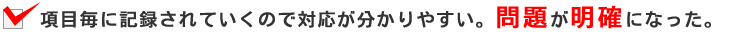 項目毎に記録されていくので対応が分かりやすい。問題が明確になった。